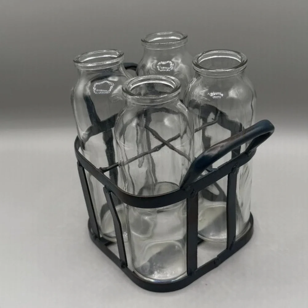 Farmhouse Glass Milk Bottle Set with Metal Wire Carrier Caddy 4 Piece‎ Clear